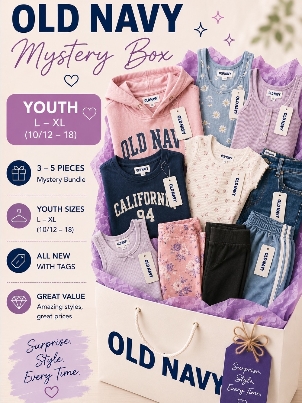 🎁 OLD NAVY Standard Mystery Box • 3–5 Pcs • Boys/Girls • L-XL (10/12–18) NWT